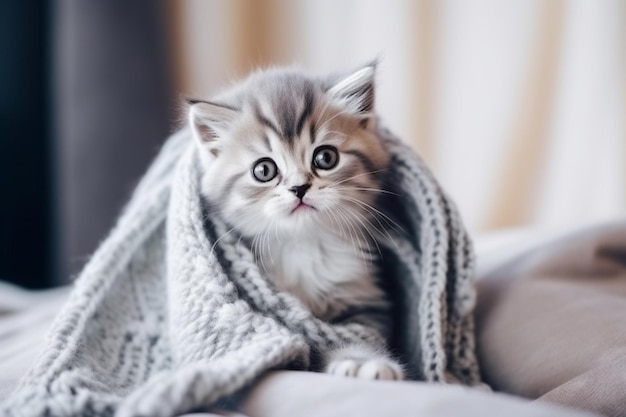 Cute kitten with scarf sitting on grey sofa