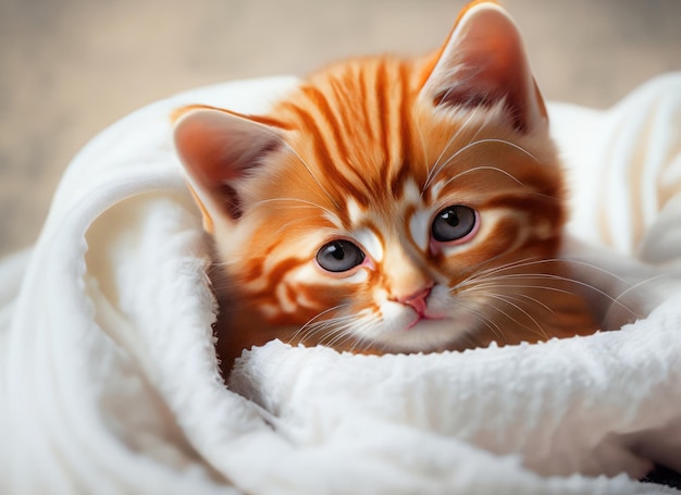 A cute kitten wrapped in a white blanket
