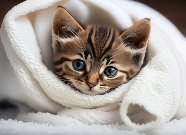 A cute kitten wrapped in a white blanket
