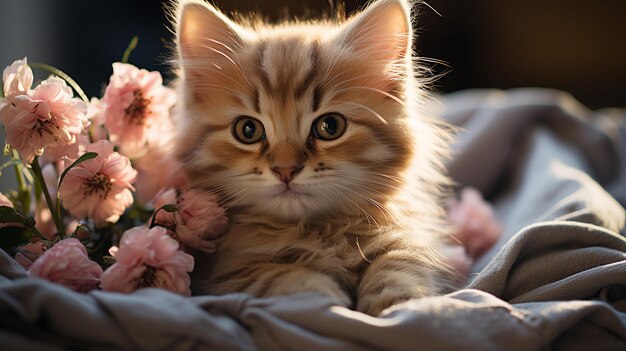 cute kittens are playing on the bed