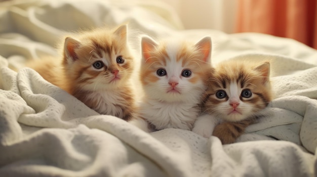 Cute kittens on a blanket on bed Generative AI