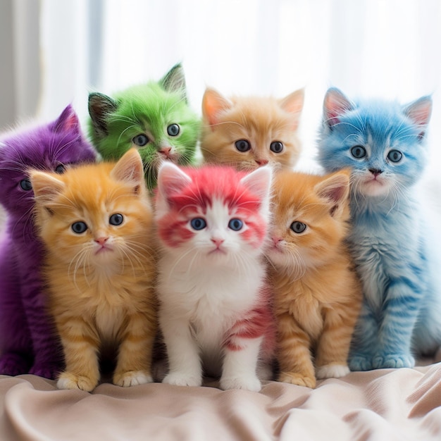 Cute kittens color rainbow animal canvas painting wallpaper image AI generated art 01