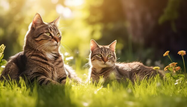 Cute kittens in the grass in summer