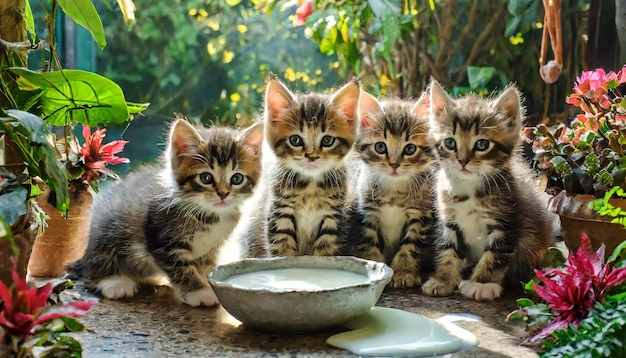 Cute kittens posing above the milk bowl
