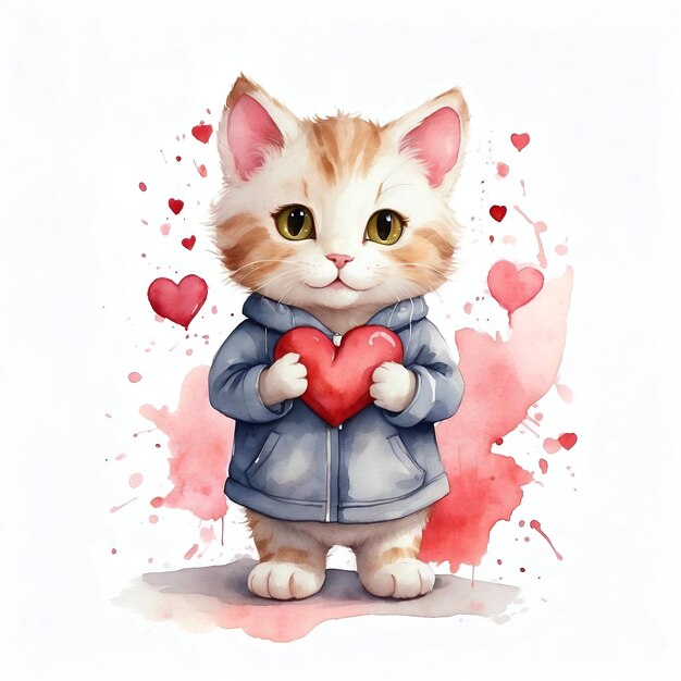 Cute kitty cat with a heart watercolor png illustration with transparent background for valentines