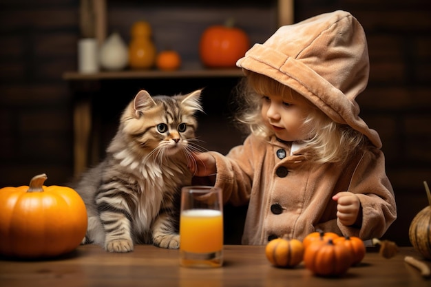 Cute kitty child and pumpkins on Halloween little girl with her pet generative AI Portrait of kid with young cat Helloween party animal thanksgiving and October concept