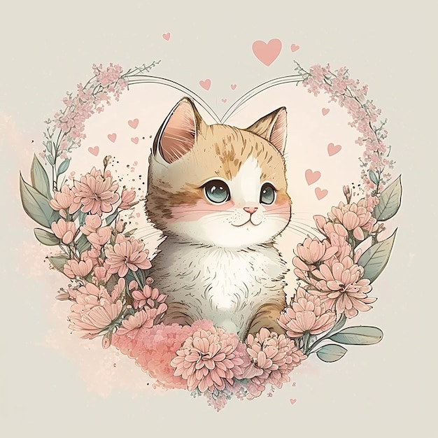 Cute kitty in frame of flowers Pastel colors Watercolor style AI generation