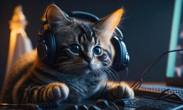 Cute kitty gamer wearing headphones sitting at the computer