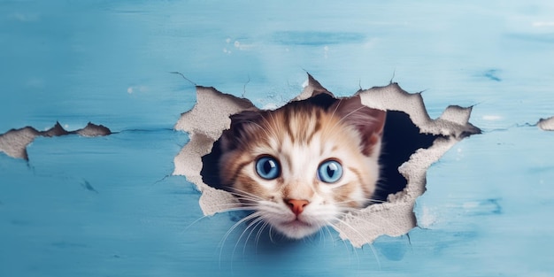 Cute Kitty gluren uit een gat in de muur gescheurd gat lege kopie ruimte frame mockup Generatieve AI-afbeelding weber