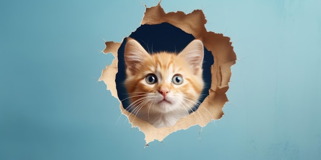 Cute Kitty gluren uit een gat in de muur gescheurd gat lege kopie ruimte frame mockup Generatieve AI-afbeelding weber