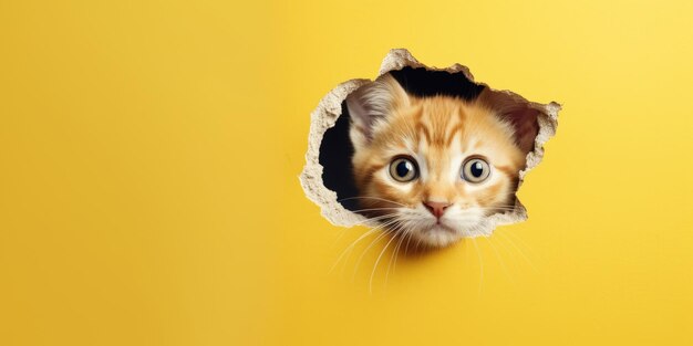 Cute Kitty gluren uit een gat in de muur gescheurd gat lege kopie ruimte frame mockup Generatieve AI-afbeelding weber