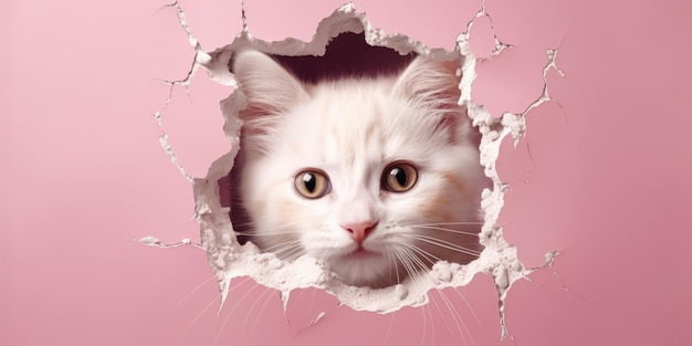 Cute Kitty gluurt uit een gat in de muur gescheurd gat lege kopie ruimte frame mockup Generatieve AI afbeelding weber