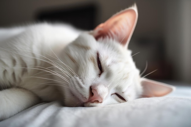 A cute kitty is sleeping on the bed A cat39s head in close up