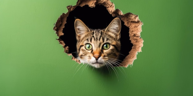 Милый котенок выглядывает из дыры в стене, рваная дыра, пустая копия пространства, макет кадра Генеративный AI image weber