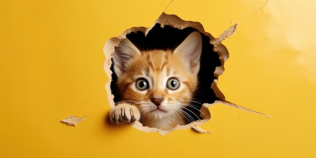 Cute kitty peeking out of a hole in wall torn hole empty copy space frame mockup generative ai image weber
