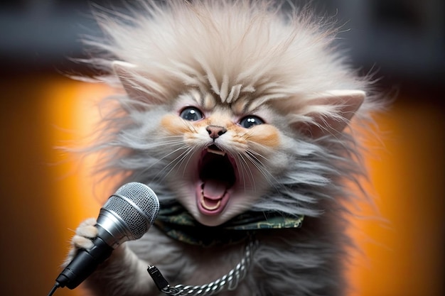 Cute kitty singing glam metal on stage