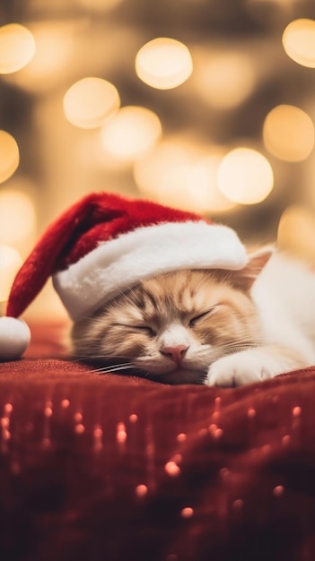 Foto gattino sveglio che dorme in cappello della santa sul fondo del letto bokeh