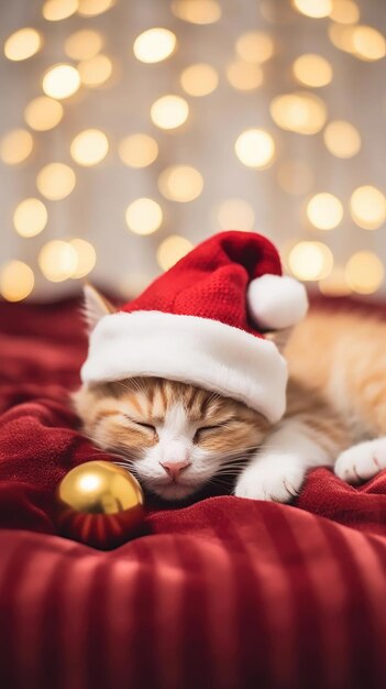 Foto gattino sveglio che dorme in cappello della santa sul fondo del letto bokeh