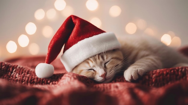Cute kitty sleeping in santa hat on bed Bokeh background