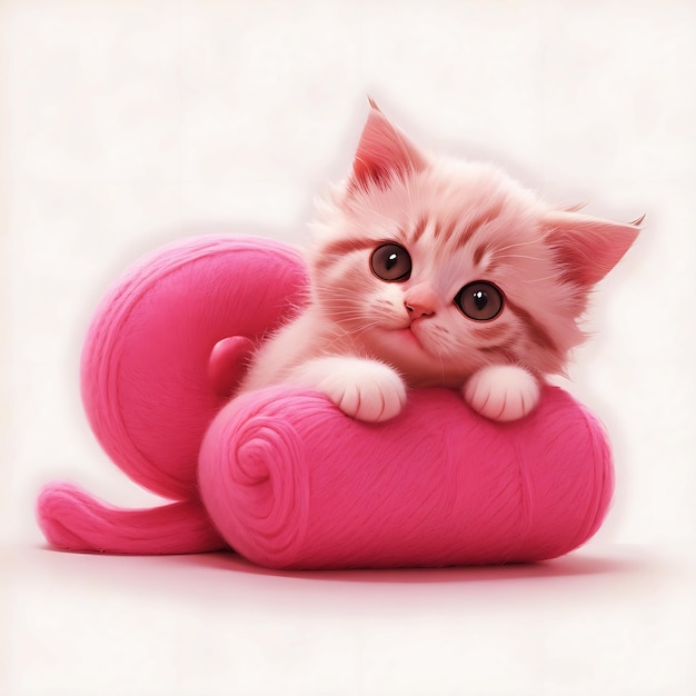 Cute kitty Watercolor Fantasy of Tabby cool Cat playing with pink wool ball Cute Cat Generated AI