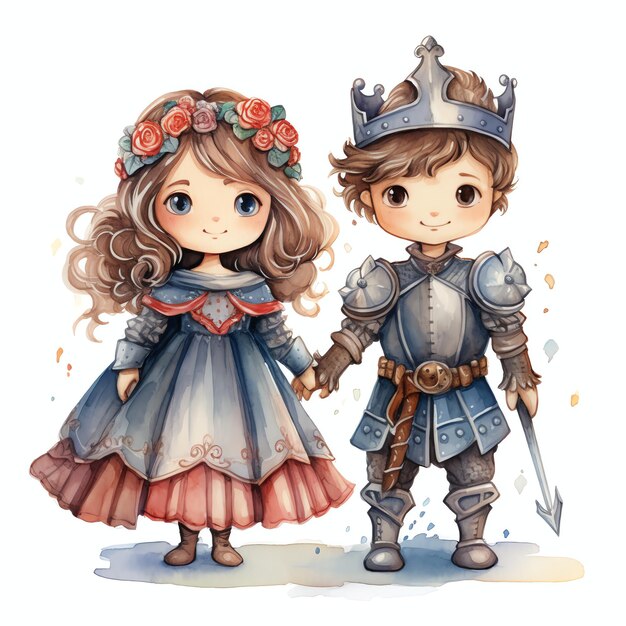 cute knight and princess Medieval watercolor fantasy