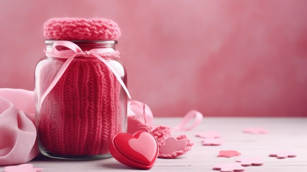 Cute knitted mason jar with hearts on a pink background Generative AI