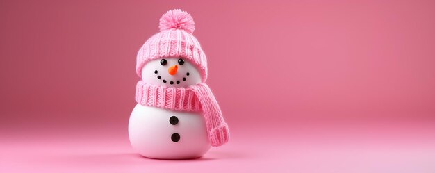 Photo cute knitted snowman in a hat and scarf on an isolated pink background with copyspace