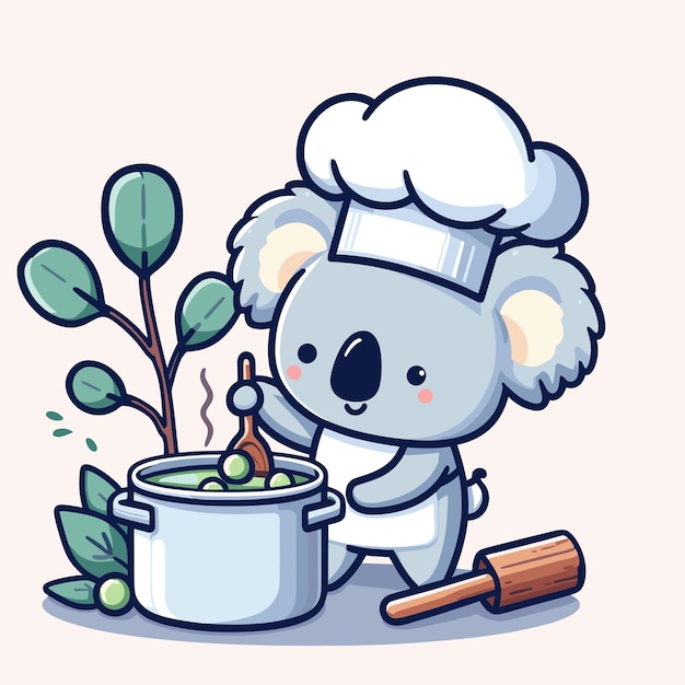 Photo cute koala chef holding pot with soup koala bear cooking illustration kawaii animal vector icon