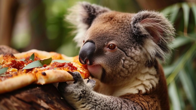 Photo cute koala eats pizza on a tree