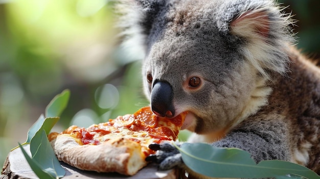 cute koala eats pizza on a tree