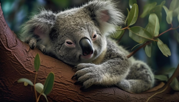 Cute koala marsupial mammal sitting on eucalyptus tree looking at camera generated by artificial intelligence