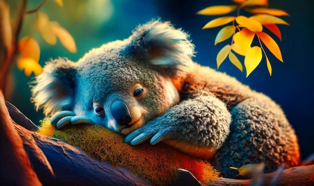 A cute koala napping in a tree