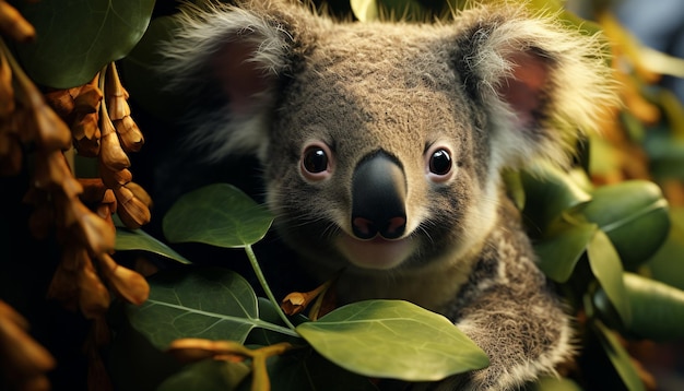 Cute koala sitting on a branch looking at the camera generated by artificial intelligence