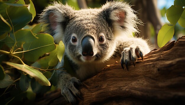 Симпатичная коала сидит на ветке и смотрит в камеру, созданную искусственным интеллектом