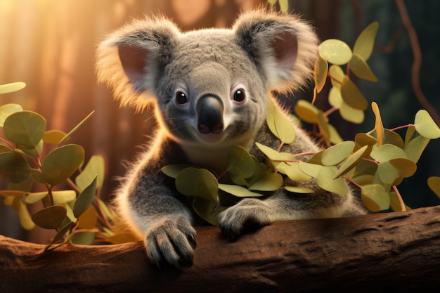 Cute koala with eucalyptus leaves in the forest