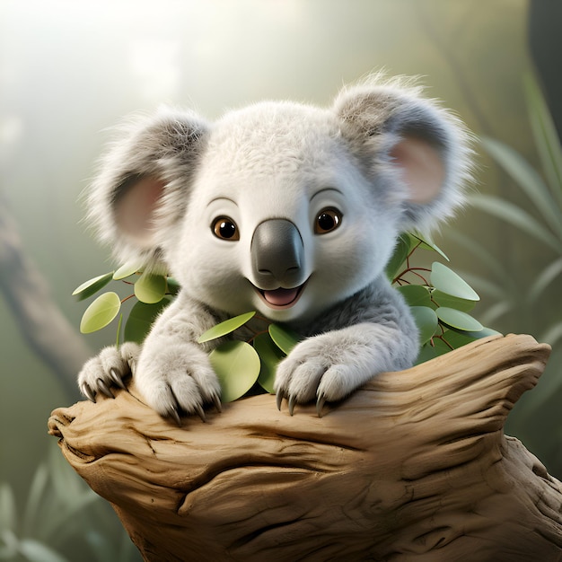 Милая коала с листьями эвкалипта во рту
