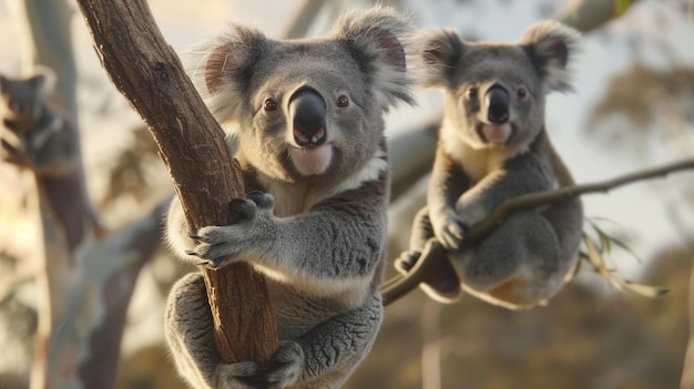 Photo cute koalas on flying cloud islands ai generated illustration