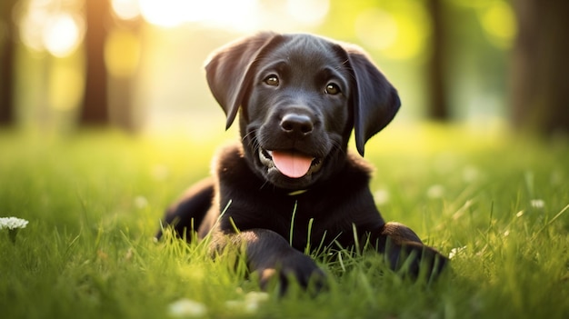 Cute labrador dog sitting on grass garden picture AI Generated art