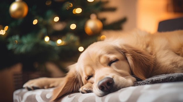 Cute labrador on festive christmas background with gifts and christmas tree