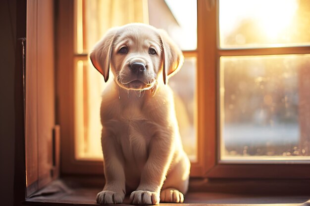 A cute labrador puppy in a bright room with natural sunlight shining through the window