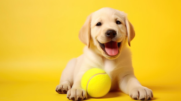 노란색 배경 텍스트 공간 에 테니스 공 을 들고 누워 있는 귀여운 라브라도 강아지