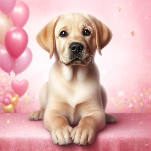 ピンクの背景の可愛いラブラドール・レトリバー犬 デジタル絵画