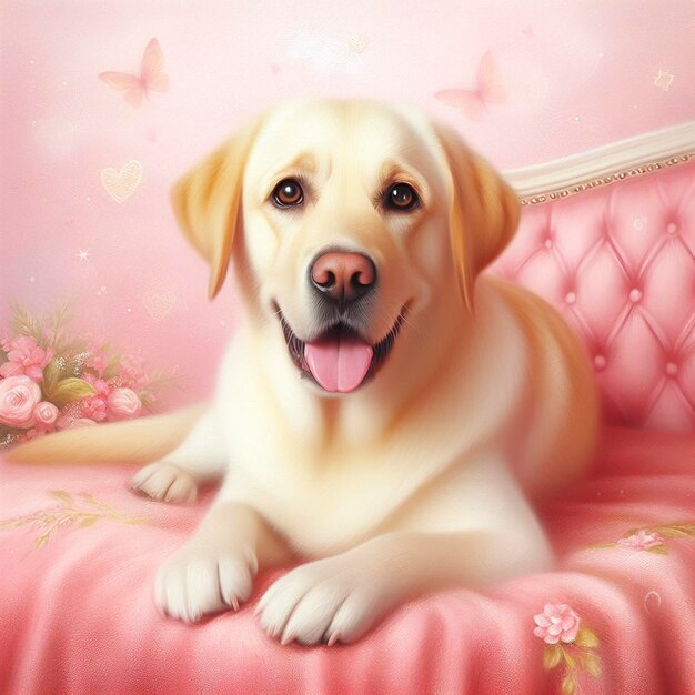 Cute labrador retriever dog on pink background Digital painting