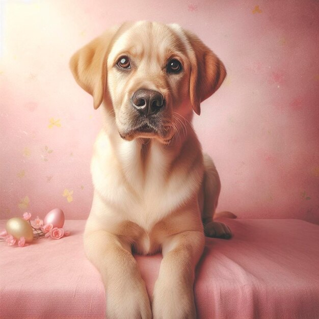 Cute labrador retriever dog on pink background Digital painting