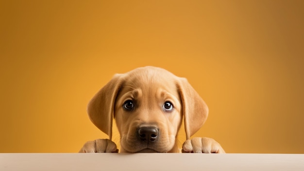 A cute labrador retriever peering over a table with large empty background.