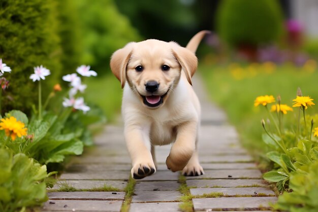 Foto carino labrador retriever che gioca all'aperto e copia lo spazio