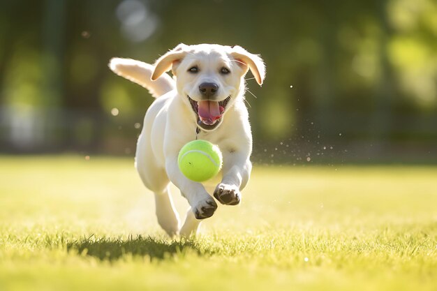 Photo cute labrador retriever playing outdoor and copy space