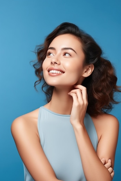 Cute lady thinking about her inspiration touch chin looking mockup choosing product option isolated on blue color background