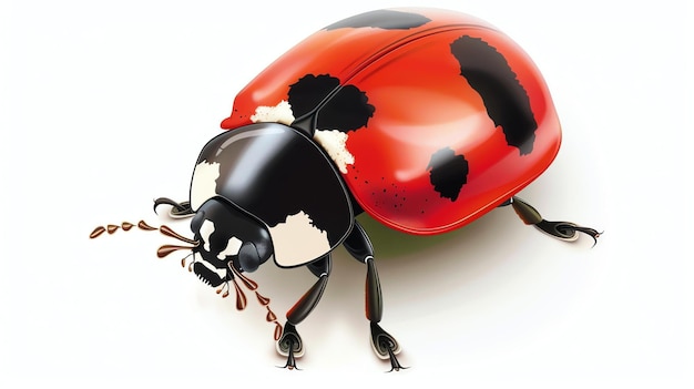 Photo a cute ladybug sits on a white background the ladybug has a red back with black spots and a black head with white spots