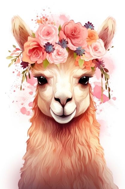 Cute lama or alpaca with flower wreath hand drawn watercolor style illustration